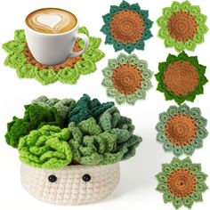 there are crocheted coasters with coffee in the cup on top and green plants next to them