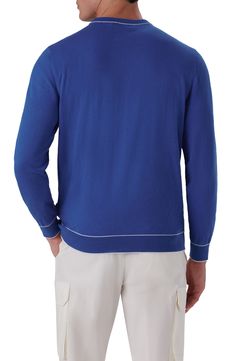 Contrast trim highlights the ribbed neck, cuffs and hem of a lightweight crewneck sweater knit in a breathable cotton blend. 28" length; 44" chest Crewneck Long sleeves Ribbed cuffs and hem 90% cotton, 10% nylon Dry clean Made in Turkey Cotton Long Sleeve Tops With Contrast Trim, Fitted Blue Tops With Contrast Trim, Blue Tops With Contrast Trim For Spring, Blue Casual Tops With Contrast Trim, Classic Crew Neck Tops With Striped Cuffs, Blue Relaxed Fit Tops With Striped Cuffs, Blue Relaxed Fit Top With Striped Cuffs, Blue Tops With Striped Cuffs And Relaxed Fit, Blue Tops With Striped Cuffs In Relaxed Fit