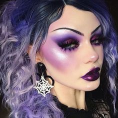 Witch Makeup Ideas Pretty Purple, Purple Goth Eyeshadow, Purple Face Makeup, Purple Halloween Makeup, Cute Witch Makeup, Witch Makeup Looks, Aphrodite Makeup, Makeup Morado, Kill Makeup