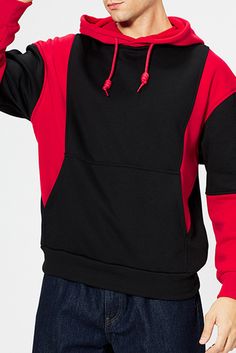 Red Men Colorblock Pullover Long Sleeve Hoodie Red Patchwork Hooded Hoodie, Red Long Sleeve Hoodie With Patchwork, Red Patchwork Long Sleeve Hoodie, Contrast Color Crew Neck Hoodie For Streetwear, Black Hooded Sweatshirt With Contrast Color, Casual Red Hoodie With Patchwork, Red Patchwork Sweatshirt For Streetwear, Black Color Block Hoodie For Sports, Black Color Block Sports Hoodie