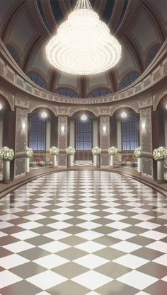 an empty ballroom with chandelier and checkerboard flooring in the middle