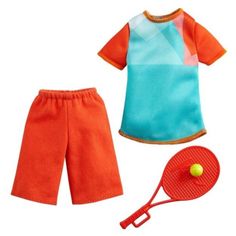 a toy tennis outfit with a racket and ball