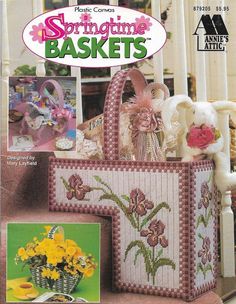 the front cover of a book with pictures of baskets and flowers on it, including a stuffed animal