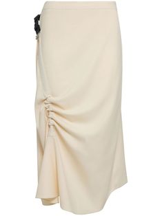 cream white wool blend ruched detailing leather belt fluid mid-length Belted Midi Skirt, Faux Leather Midi Skirt, Latest Skirts, Versace Outfit, City Dress, Ballet Pumps, Black Midi Skirt, Summer Beach Wear, Ballet Flat Shoes