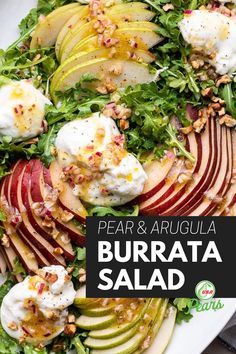 pear and arugula burrata salad on a white plate with text overlay