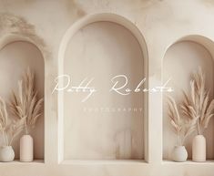 three white vases with plants in them on a shelf