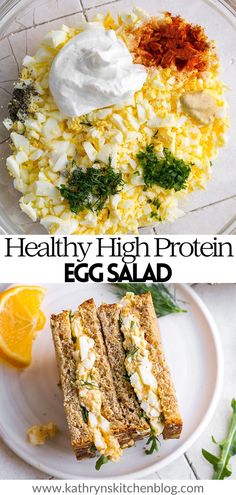 healthy high protein egg salad recipe on a plate with oranges and other food items