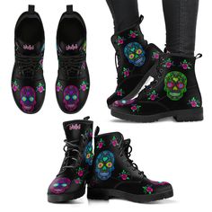 * Need an appreciation gift for your Mom? * Wicked Skulls Women's Leather Boots, Doc Martens Combat Boots Gifts for Her, Custom Skulls Shoe * All of our Men's and Women's Faux Leather Boots are custom-made-to-order and handcrafted to the highest quality standards. * Our unique designs are second to none. When is the last time you walked into a shoe store and found affordable boots in so many different, phenomenal designs. * When you're wearing these boots the complements won't stop. Our boots co Boho Chic Boots, Skulls Art, Floral Combat Boots, Skull Shoes, Casual Shoes For Men, Custom Boots, Vegan Boots, Head Color, Mens Leather Boots