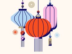 three colorful lanterns hanging from strings on a white background with an orange ball in the middle