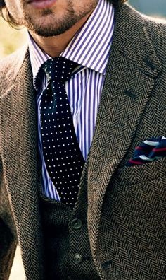 Layers and textures. Stripes and dots. Adam Gallagher, Layer Clothes, Masterpiece Theater, Herringbone Blazer, Classic Clothing, Dapper Gentleman, Sport Jacket, Tweed Suits