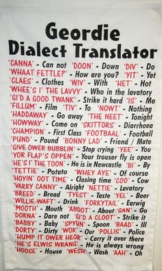 a poster with words written on it that say, gordie dialect translator