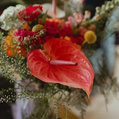 a vase filled with red flowers and greenery