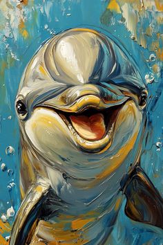 a painting of a dolphin with its mouth open