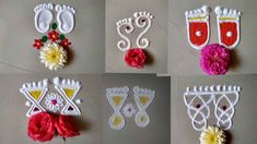 six different types of embroidery designs with flowers and laces on the bottom one is red, white, yellow, and pink