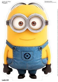 a minion with big eyes and overalls standing in front of a white background