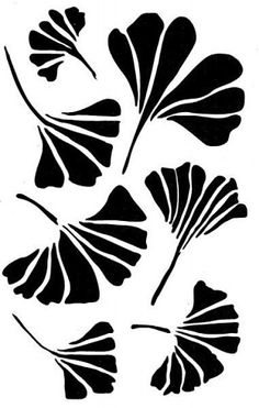 four black and white ginko tree leaves on a white background, vintage line drawing or engraving illustration