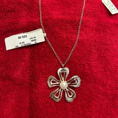 Beautiful New With Tags 16” Flower Necklace With Pearl In Middle. The Flower Pearl Is A Statement Piece- Big And Beautiful With An Off The Shoulder Top Or Even Over A Turtleneck! Flower Pendant Necklace For Party, Silver Necklace With Flower Charm For Spring, Silver Necklaces With Flower Charm For Spring, Elegant Flower Charm Necklace For Spring, Elegant Spring Necklace With Flower Charm, Elegant Flower Necklace Spring Gift, Spring Flower-shaped Metal Necklaces, Elegant Spring Flower Necklace As A Gift, Elegant Spring Flower Necklace As Gift