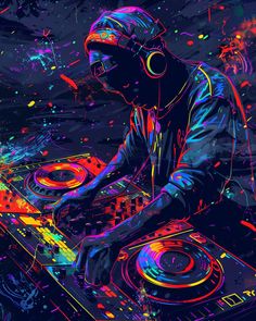 Vibrant Blacklight Illustration: DJ Turntables & Headphones in Neon Lighting Dj Turntables Art, Anime Dj Art, Dance Poster Design Graphics, Dj Art Design, Dj Event Poster, Dj Poster Design, Sketch Exercises, Dj Artwork, Dj Illustration