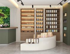 the inside of a store with shelves filled with bottles