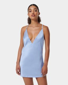 Clea Luxury Satin Short Chemise Hydrangea Blue Hydrangea Blue, Thigh Chain, Satin Short, Soft Cup Bra, Blue Hydrangea, Biker Jacket, Trees To Plant, Nightwear, Hydrangea