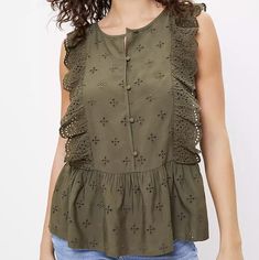 Loft Blouse, Tank Top Olive Green Sleeveless Round Neck Buttons Down Front Ruffle Eyelet Trim Peplum Hem Flowy Fit Size Small New! With Tags Retails For $59.50 Gorgeous! Sleeveless Ruffle Hem Blouse For Summer, Casual Cami Blouse With Ruffles, Casual Ruffled Tank Blouse, Sleeveless Ruffle Hem Blouse For Day Out, Sleeveless Blouse With Ruffle Hem For Day Out, Chic Green Blouse With Vest Detail, Spring Tank Blouse With Ruffles, Spring Ruffle Tank Blouse, Green Sleeveless Ruffle Blouse