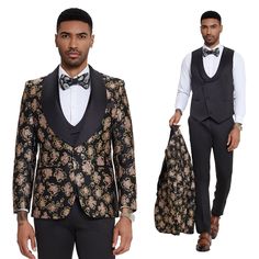 Experience Sophistication And Style Like Never Before With The Black Shiny Floral Mens 3pc Suit By Tazzio. This Ensemble Exudes Timeless Charm And Contemporary Elegance, Featuring A Jacket With A Unique Floral Textured Design, Wide Satin Shawl Collar, And Skinny-Fit Cut For A Modern Silhouette. Complemented By A Double-Breasted Vest With A Sleek Shawl Collar And Matching Satin Pants, This Suit Offers A Cohesive And Polished Look For Any Formal Occasion. Crafted With Precision And Attention To De Black Festive Tuxedo Suit, Black Slim Fit Three-piece Suit For Party, Black Spring Wedding Suit, Festive Black Tuxedo Set, Black Wedding Suit For Spring, Spring Party Tuxedo Sets, Fitted Tuxedo Sets For Parties, Tailored Black Sets For Spring, Tailored Sets For Black-tie Festive Events