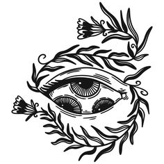 an eye in a nest with leaves and flowers on the side, drawn by hand