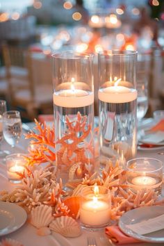 Transform your beach wedding reception with simple, rustic, and elegant decor ideas. Incorporate boho and Indian themes, with seashells and surf elements in the table decorations to create a stunning and unique celebration.Clear chat Beach Style Wedding Decorations, Round Table Beach Centerpieces, Beach Theme Cocktail Party, Simple Beach Wedding Ideas Decor, Beach Party Theme Ideas, Boho Coastal Wedding, Indoor Beach Wedding, Beach Theme Wedding Decorations, Beach Decoration Ideas