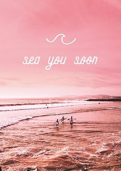 people are walking on the beach with surfboards under a pink sky that says, now you see