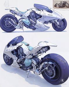 an artistic rendering of a futuristic motorcycle in blue and white colors, with the engine visible