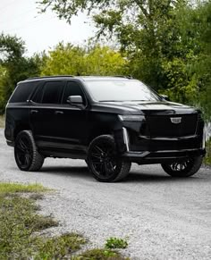 a black suv parked on the side of a dirt road next to trees and bushes