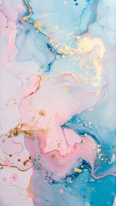 an abstract painting with blue, pink and gold paint on it's surface is featured in this image