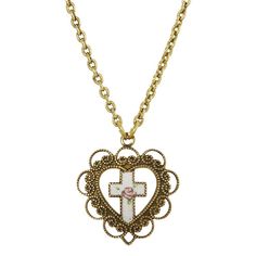 This vintage-inspired necklace features a white enamel cross with a pink flower surrounded by an ornate heart. This vintage-inspired necklace features a white enamel cross with a pink flower surrounded by an ornate heart. Metal: alloy Chain length: 16 in. with 3-in. extender Plating: gold tone Finish: polished Drop length: .9 in. Not appropriate for children 14 years old and younger. Size: One Size. Color: Multi. Gender: female. Age Group: adult. Pattern: floral. Enamel Cross, 1928 Jewelry, Faith Jewelry, Porcelain Roses, Gold Cross Necklace, Necklace Online, Cross Earrings, Cross Pendant Necklace, Beautiful Gift Boxes