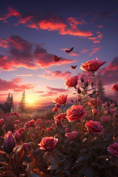 a field full of pink roses with butterflies flying over it at sunset in the background