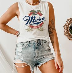 Merica Since 1776 Muscle Tank - 4th Of July Miller Lite Beer Muscle Tank - HighCiti Summer American Flag Print Tank Top, Summer Workout Muscle Tee With Relaxed Fit, Cotton Summer Tops For 4th Of July, White Sleeveless Tank Top For 4th Of July, Lite Beer, Miller Lite, Beer Shirts, American Shirts, Muscle Tank