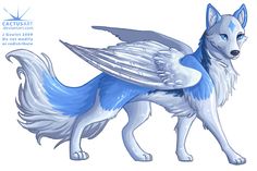 a blue and white dog with wings on it's back