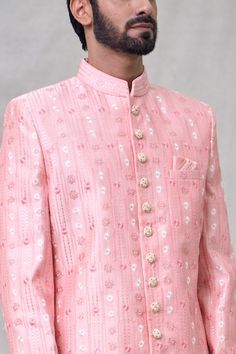 Pink sherwani with all over floral, sequin embroidery. Paired with aligadhi pant. - Aza Fashions Designer Pink Kurta With Resham Embroidery, Designer Pink Sherwani, Pink Festive Bandhgala For Ceremonial Occasions, Festive Pink Bandhgala For Ceremonial Occasions, Festive Pink Ceremonial Bandhgala, Designer Fitted Kurta With Motifs, Designer Pink Bandhgala With Resham Embroidery, Designer Pink Sherwani For Festive Season, Bandhgala With Motifs For Designer Wear In Transitional Season