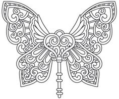 a butterfly shaped key with intricate designs on it's wings, as well as the word