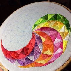 a person holding up a colorful piece of art on a white surface with an embroidery hoop