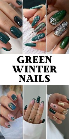 Green Winter Nail Ideas, Almond Nails Winter Design, Short Oval Nails Ideas Winter, Nails For Winter 2024, Green Nails 2024, Trendy Nail Art Winter, Emerald Christmas Nails, Matte Green Nails Design, Forest Green Nail Ideas