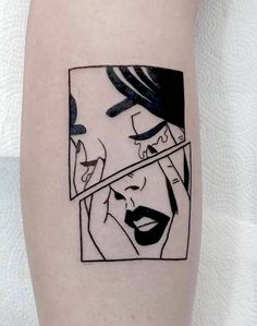 a woman's face is reflected in a mirror tattoo on the right thigh and leg