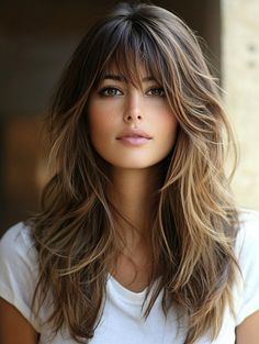 Womens Bangs Haircut Long Hair, Updos With Wispy Bangs, Haircuts For Long Hair Side Bangs, Long Hair With Some Layers, Bangs With Fine Long Hair, Medium Length Hair Feathered Layers, Best Bangs For Long Hair, Wispy Bangs Lots Of Layers, Medium Hairstyle Women With Curtain Bangs