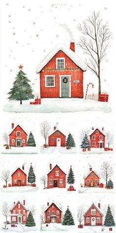 a christmas scene with red houses and trees