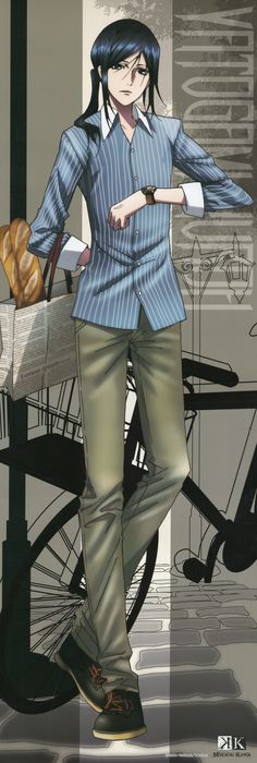 an anime character is standing in front of a table with bread and croissants on it