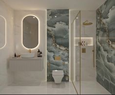 a modern bathroom with marble walls and flooring