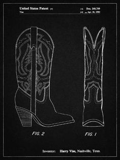 a black and white drawing of two cowboy boots with the words, united states patent