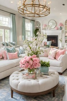 a living room filled with lots of furniture and flowers on top of a coffee table