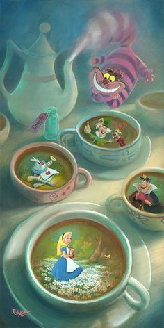 there are many cups and saucers that have pictures on them in the shape of teapots