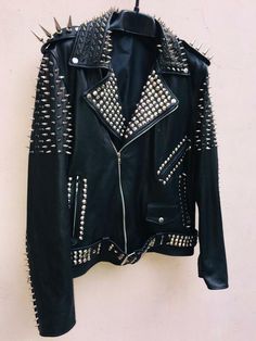 Handmade Women Punk Style Studded Leather Jacket Large Spike Sliver Studs on Storenvy Punk Leather Jacket Outfit, Rivethead Goth, Rockstar Jacket, Spiked Leather Jacket, Horror Fashion, Punk Leather Jacket, Battle Jackets, Punk Fashion Diy, Style Leather Jacket