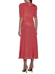 100% Silk Rich Dresses, Alessandra Rich Dresses, Summer V-neck Ruffle Dress With Ruched Details, Luxury Ruched V-neck Midi Dress, Alessandra Rich Red Dress, Summer Ruffle V-neck Dress With Ruched Details, Long Silk Dress, Italy Women, Red V-neck Midi Dress With Ruffle Hem